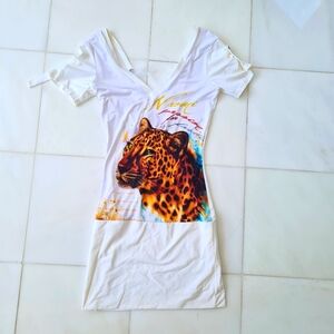 Cavalli Style White Leopard Head Animal Print Corset Mini Clubbing Dress